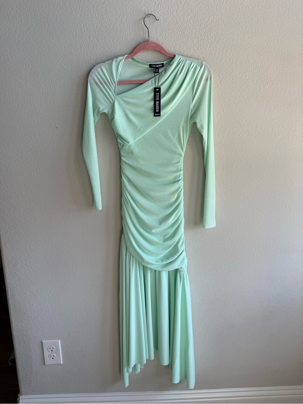 Steve Madden Light Mint Long-Sleeve Ruched Asymmetrical Maxi Dress
